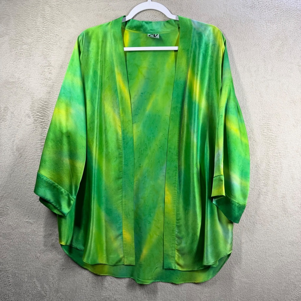 CY Maui Kimono Cardigan Women M Green Silk Tie Dye Art to Wear Open Front Layer